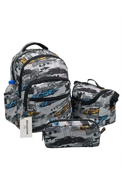ms mixxstore Rucsac de școală primară din folie cu model de mașină de culoare gri, cu suport pentru nutriție și stilou