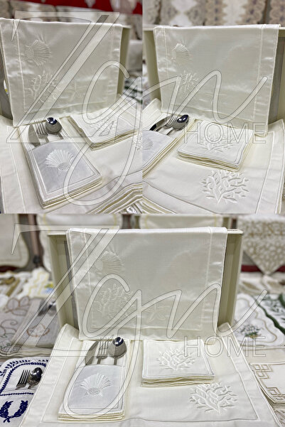 ZGNHome 19 Parça 6 Kişilik Nakışlı Mercan Beyaz Amerikan Servis Takımı