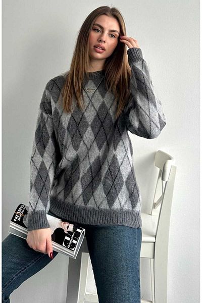 yeditepe fashion Women's Crew Neck Plaid Raised Wully Knitwear Sweater