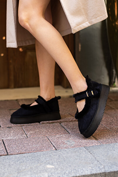 Pembe Potin Women's Black Nubuck Ballerina Model with Hairy Inside Flat Thick Comfortable Sole Women's Shoes