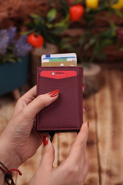 Ozka Leather Collection Burgundy Faux Leather Vegan Leather Mechanism Card Holder Wallet Portfolio