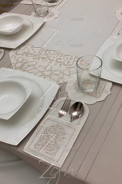 ZGNHome Σετ σερβιρίσματος 19 τεμαχίων 6 ατόμων Κεντημένο Μπεζ Αμερικάνικο Σετ Ραμαζάνι