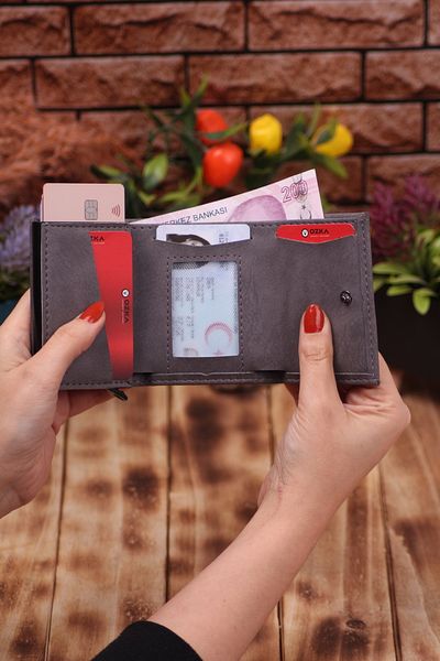 Ozka Leather Collection Gray Crazy Faux Leather - Vegan Leather Card Holder Wallet Portfolio with Mechanism