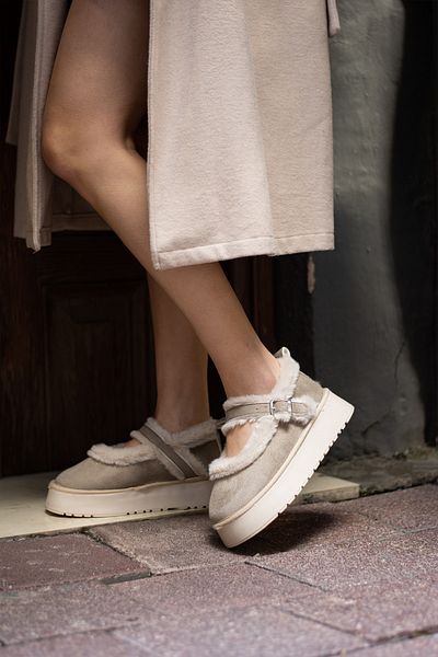 Pembe Potin Women's Beige Nubuck Ballerina Model with Hairy Inside Flat Thick Comfortable Sole Women's Shoes