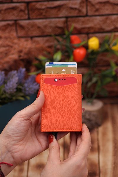 Ozka Leather Collection Orange Faux Leather - Vegan Leather Card Holder Wallet Portfolio with Mechanism