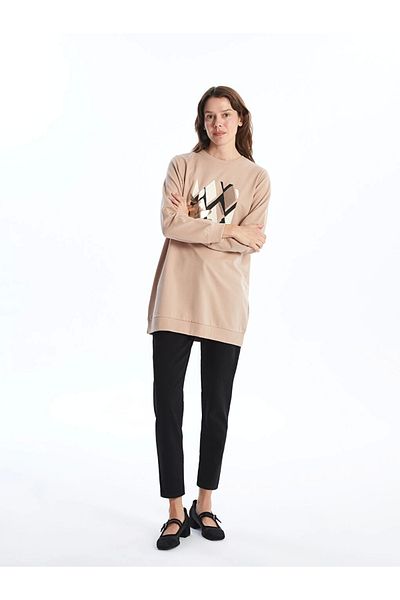 LC Waikiki Γυναικείο φούτερ με στάμπα Lcwaıkı Basic Brown Crew Neck