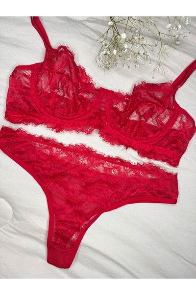 ROZENİN LINGERIE Underwire Cupless Basic Lace Lingerie Set (Bra-Thong)