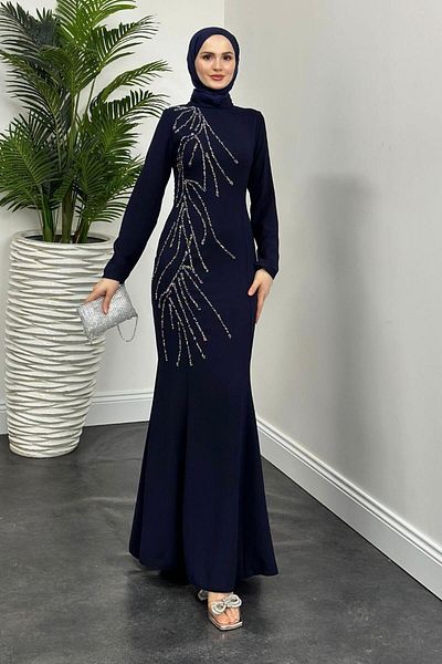 MERVEN AKYÜZ Βραδινό φόρεμα Frezya Fish με πέτρες στο πλάι Navy Blue