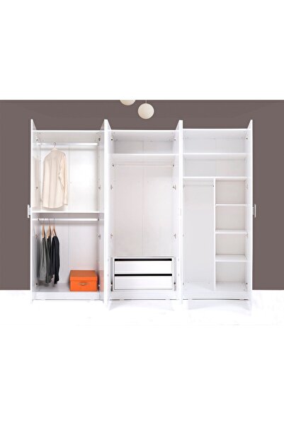 Kenyap Plus 812515 Stella 6 Kapaklı 2 Çekmeceli Gardırop 3 Modüllü- Parlak Beyaz