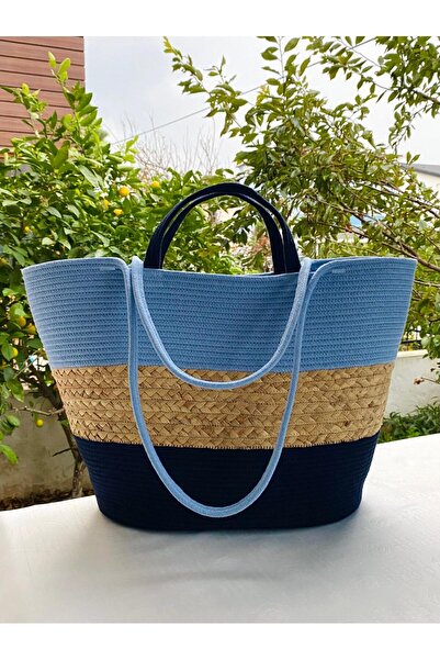 çanta tasarımcısı Askılı Mavi Lacivert Hasır Kordon İp Çanta
