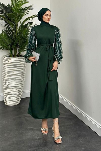 MERVEN AKYÜZ Βραδινό φόρεμα Angelica Sleeves Glitter Emerald