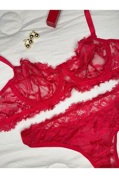 ROZENİN LINGERIE Underwire Cupless Basic Lace Lingerie Set (Bra-Thong)
