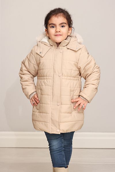 Mika Bebek & Çocuk Thick Fiber Filled Water Wind And Rain Proof Hooded Girl's Beige Color Winter Luxury Puffer Coat