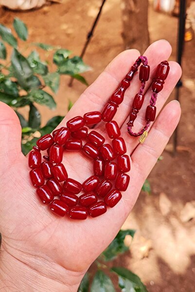 Vip Kehribar 9x12 mm Ahmet Emin İmzalı Vişne Rengi Sıkma Kehribar Tesbih - Os...