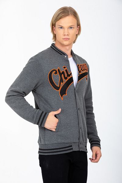 DYNAMO Men's Anthracite College Collar Bomber Regular/Normal Cut Ribbed Inside Cotton Cardigan Sweatshirt 6752