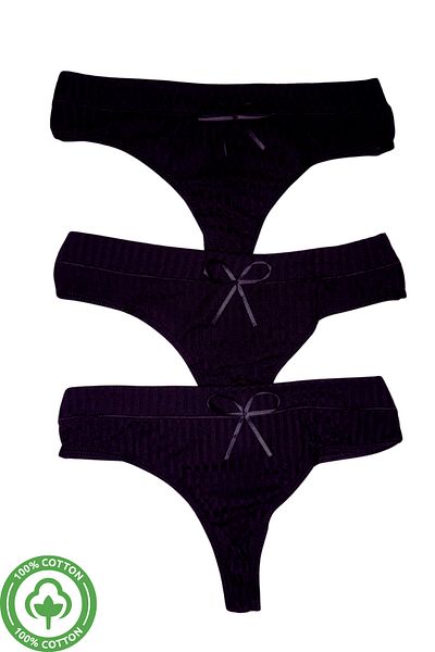 PJ & Me Thin Corded Black Color 100% Cotton 3-Piece Women's String Set