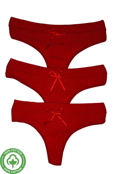 PJ & Me Red Colored Thin Corded 100% Cotton 3-Piece Women's String Set