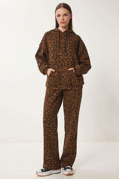 Lovelyİstanbul Leopard Print Hooded Tracksuit - Brown Black Lfn0075