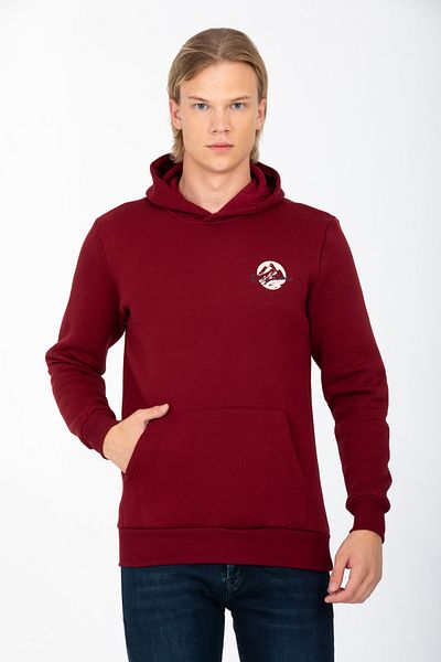 DYNAMO Men's Claret Red Hooded Kangaroo Pocket Ribbed Inside Regular/Normal Cut Cotton Sweatshirt 6740