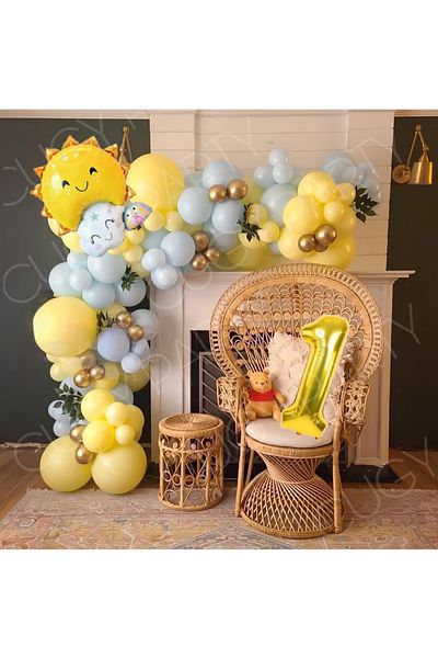 CUGY Boy and Girl Birthday Set Yellow Blue Balloon with Gold Detail Sun Figure Age Number