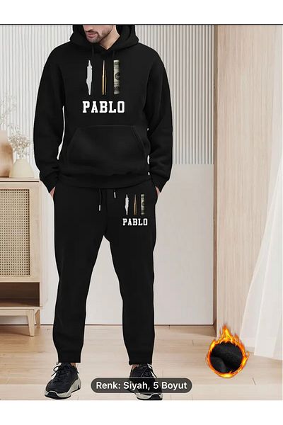 NEW TRENDY COLLECTİON Pablo Graphic Printed Men's Hoodie and Sweatpants Set - Casual Style, Knitted Fabric, Sweatshirt-Sweatpants