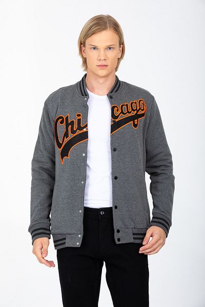 DYNAMO Men's Anthracite College Collar Bomber Regular/Normal Cut Ribbed Inside Cotton Cardigan Sweatshirt 6752