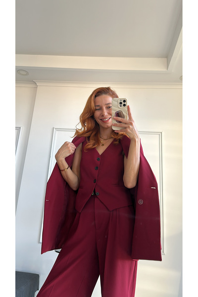 bonnline Burgundy Vest Jacket Palazzo Pants Suit