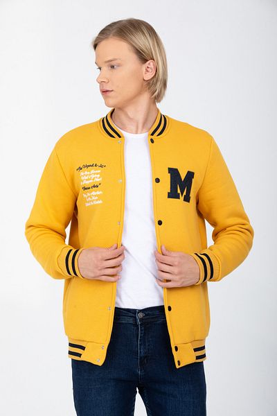DYNAMO Men's Mustard College Collar Bomber Regular/Normal Cut Ribbed Cotton Sweatshirt 6755