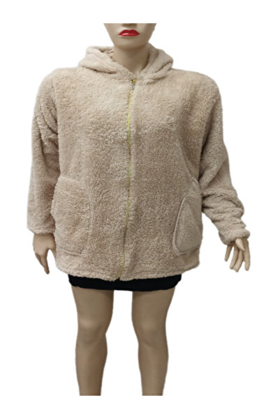 Terzi Gülşen Kadın Peluş  Fermuarlı Kapüşonlu Oversize Uzun Hırka