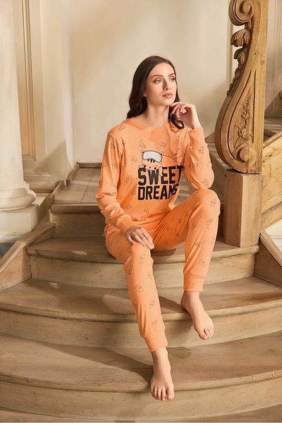Aydoğan Lodos Store Aydoğan Women's Long Sleeve Cotton Rib Pajamas Set with Cat Pattern