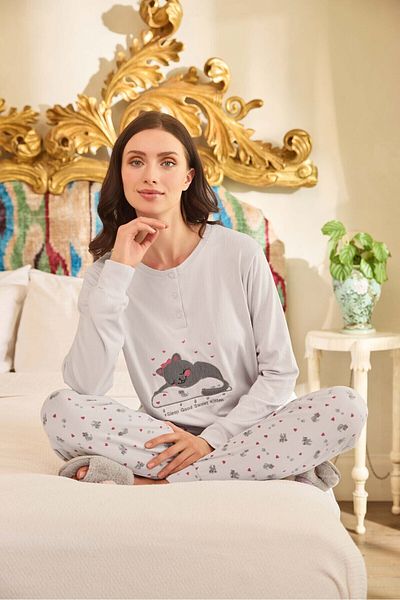 Aydoğan Aydoğan Women's Thermal Long Sleeve Pajamas Set - Placket Cat Pattern