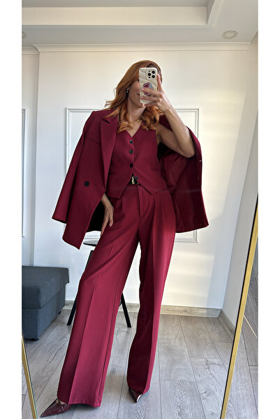 bonnline Burgundy Vest Jacket Palazzo Pants Suit