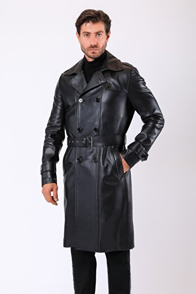 Leather Club Siyah Leonardo Hakiki Deri Trench Kaban