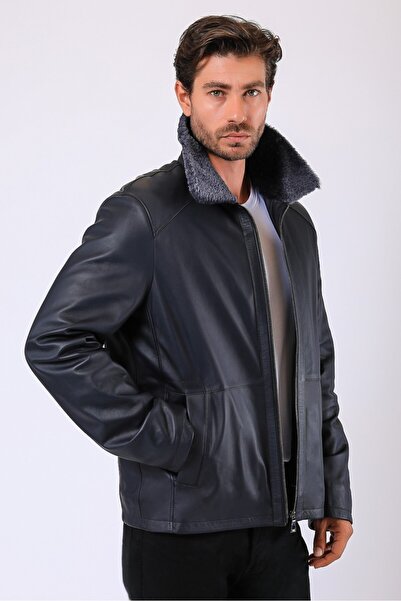 Leather Club Lacivert Robert Kürk Aksesuarlı Hakiki Deri Kaban