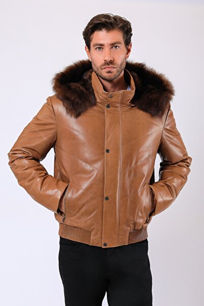 Leather Club Açık Kahve Pedro Kürk Aksesuarlı Hakiki Deri Kaban