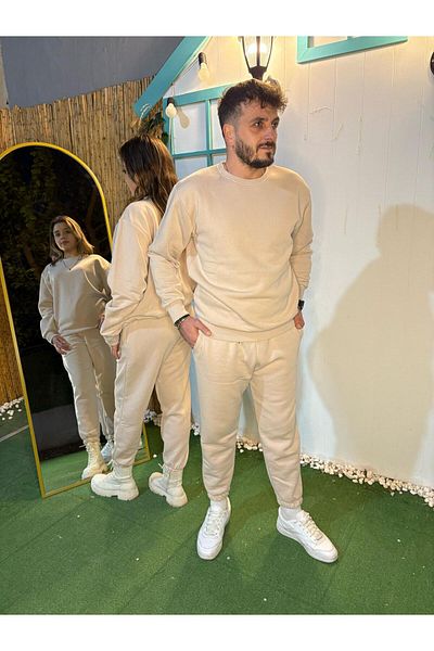 MODARİCH 3 Yarn Basic Straight Combination Tracksuit Set - Beige Oversize Rubber Leg Crew Neck