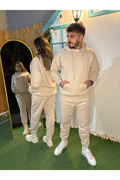 MODARİCH Beige Oversize Hooded Tracksuit Set - 3 Thread Basic Straight Combination