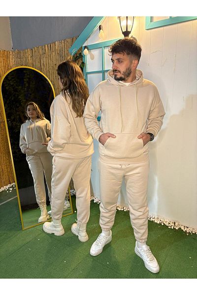 MODARİCH Beige Oversize Hooded Tracksuit Set - 3 Thread Basic Straight Combination