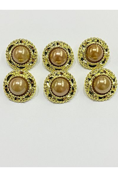 karantuhafiye Vintage Series Pearl Button Set / 2 cm Set of 6 (Gold - Light Beige)