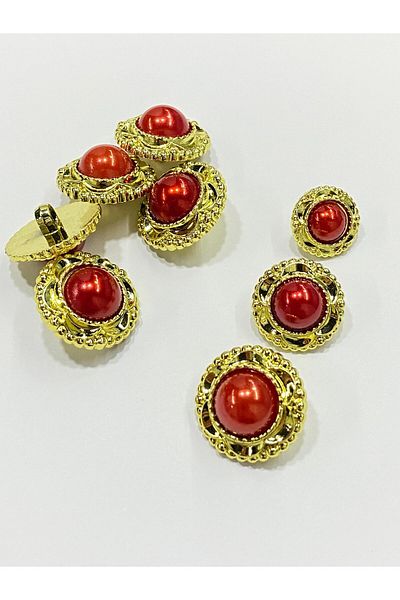 karantuhafiye Vintage Series Pearl Button Set / 2 cm Set of 6 (Gold - Red)