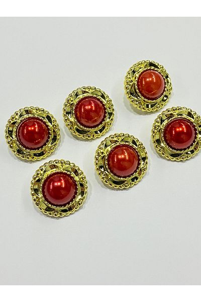 karantuhafiye Vintage Series Pearl Button Set / 2 cm Set of 6 (Gold - Red)
