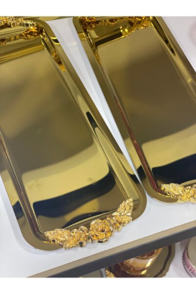 SEVA ÇELİK PARLAK GOLD 6 ADET DİKDÖRTGEN KULPLU MODEL SERVİS VE SUNUM TEPSİSİ