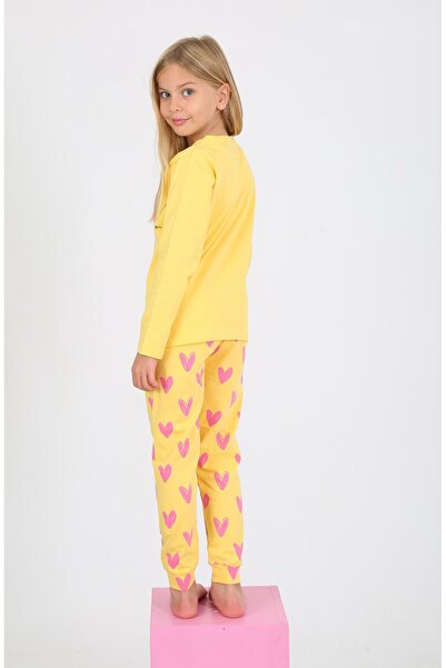 vitmo Kız Çocuk Uzun Kollu %100 Pamuklu Pijama Takımı Happy Heart Sarı