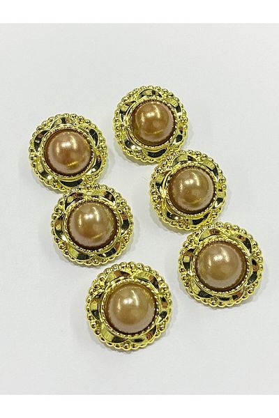 karantuhafiye Vintage Series - 1.7 cm 6-Piece Pearl Button Set (Gold - Dark Beige)