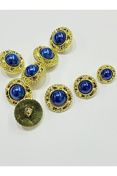 karantuhafiye Vintage Series Pearl Button Set / 2.5 cm Set of 6 (Gold - Dark Blue)