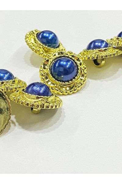 karantuhafiye Vintage Series Pearl Button Set / 2 cm Set of 6 (Gold - Dark Blue)