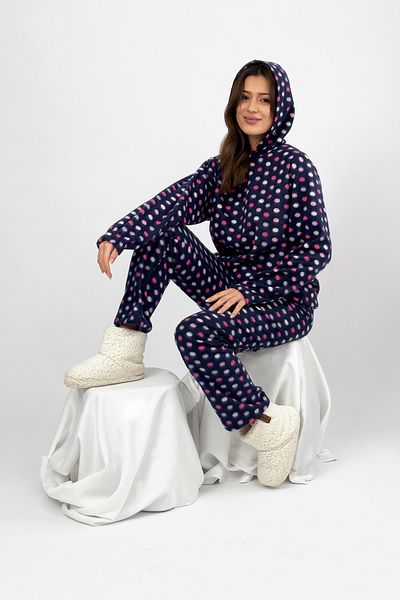 Betimoda Set pijamale de iarnă pentru femei - fleece, talie elastică, glugă, buline roz