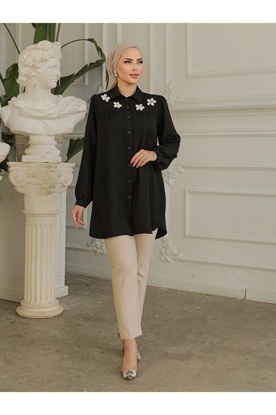 Modamorfo Ľanová tunika Robadan so sťahovacou šnúrkou Ozel Appliqued - čierna