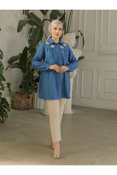 Modamorfo Robadan Gathered Special Appliqued Linen Tunic -Indigo
