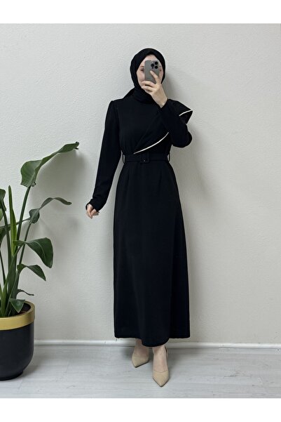 Modamorfo Φόρεμα κρεπ με πέτρα κεντημένη ζώνη -μαύρο